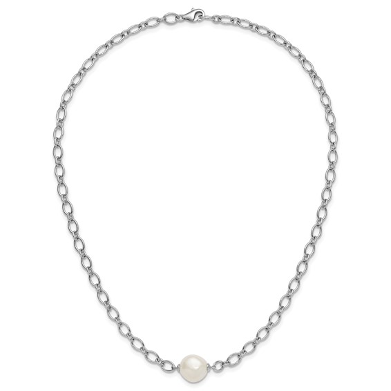 Sterling Silver Rhodium-plated 12-13mm Semi-Round White Freshwater Cultured Pearl Center and Open Link Cable Chain 18 inch Necklace