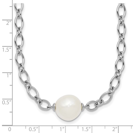 Sterling Silver Rhodium-plated 12-13mm Semi-Round White Freshwater Cultured Pearl Center and Open Link Cable Chain 18 inch Necklace