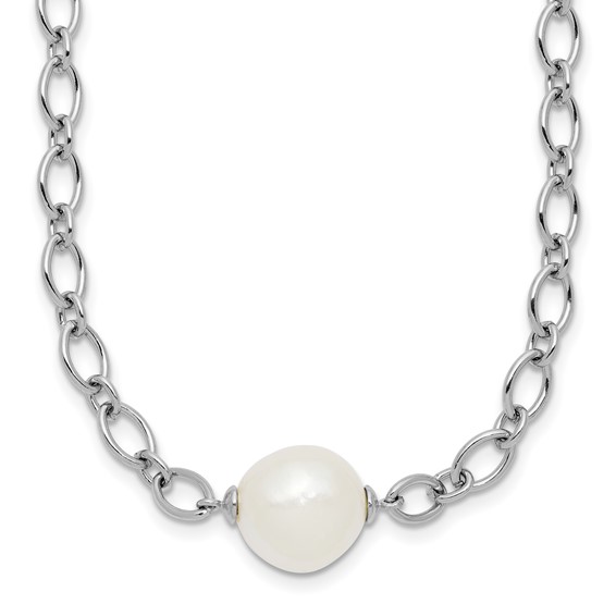 Sterling Silver Rhodium-plated 12-13mm Semi-Round White Freshwater Cultured Pearl Center and Open Link Cable Chain 18 inch Necklace