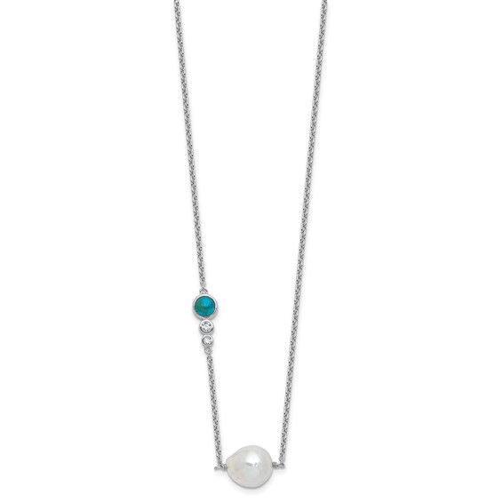 "Sterling Silver Rhodium-plated CZ, Compressed Turquoise and White Freshwater Cultured Pearl 16 inch with 2 inch Extension Necklace"