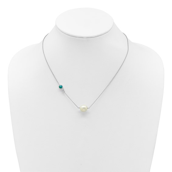 "Sterling Silver Rhodium-plated CZ, Compressed Turquoise and White Freshwater Cultured Pearl 16 inch with 2 inch Extension Necklace"
