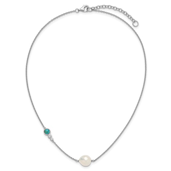 "Sterling Silver Rhodium-plated CZ, Compressed Turquoise and White Freshwater Cultured Pearl 16 inch with 2 inch Extension Necklace"