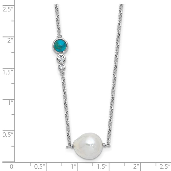 "Sterling Silver Rhodium-plated CZ, Compressed Turquoise and White Freshwater Cultured Pearl 16 inch with 2 inch Extension Necklace"