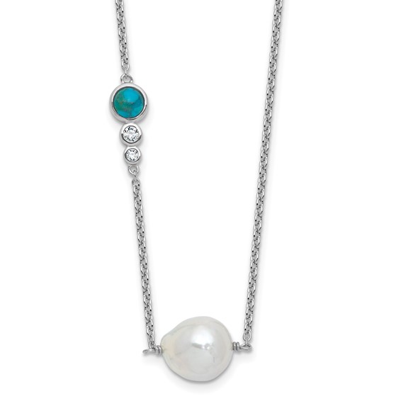 "Sterling Silver Rhodium-plated CZ, Compressed Turquoise and White Freshwater Cultured Pearl 16 inch with 2 inch Extension Necklace"