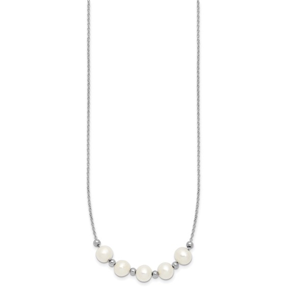 Sterling Silver Rhodium-plated 7-8mm Semi-Round White Freshwater Cultured Pearl and Beads 16 inch with 2 inch Extender Necklace