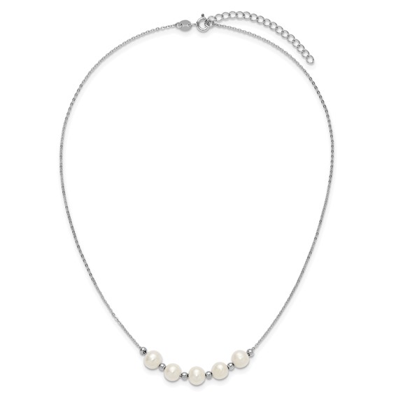 Sterling Silver Rhodium-plated 7-8mm Semi-Round White Freshwater Cultured Pearl and Beads 16 inch with 2 inch Extender Necklace