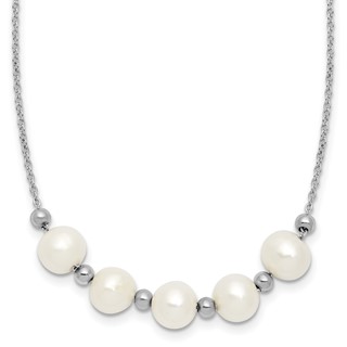 Sterling Silver Rhodium-plated 7-8mm Semi-Round White Freshwater Cultured Pearl and Beads 16 inch with 2 inch Extender Necklace