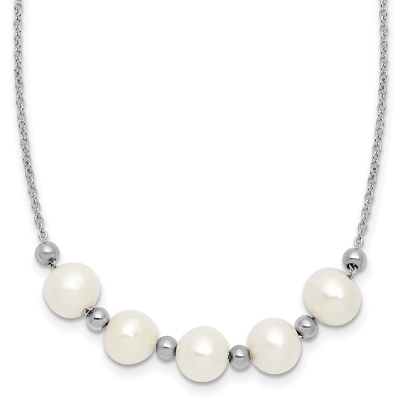 Sterling Silver Rhodium-plated 7-8mm Semi-Round White Freshwater Cultured Pearl and Beads 16 inch with 2 inch Extender Necklace