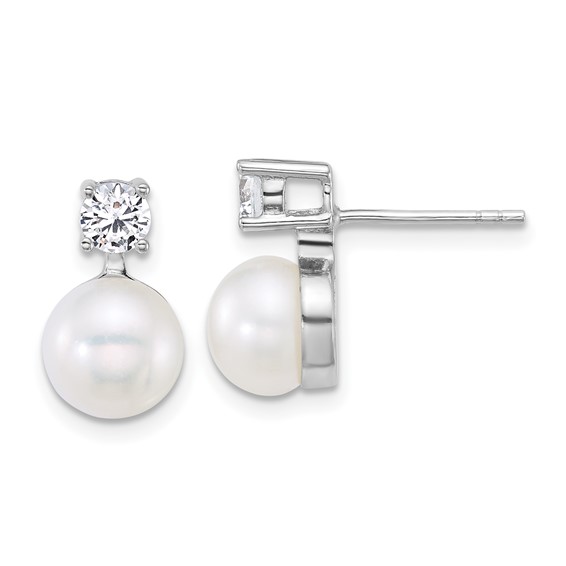 Sterling Silver Rhodium-plated 7-9mm Button White Freshwater Cultured Pearl and CZ 17 inch Necklace and Post Earring Set