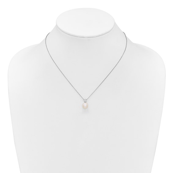 Sterling Silver Rhodium-plated 7-9mm Button White Freshwater Cultured Pearl and CZ 17 inch Necklace and Post Earring Set