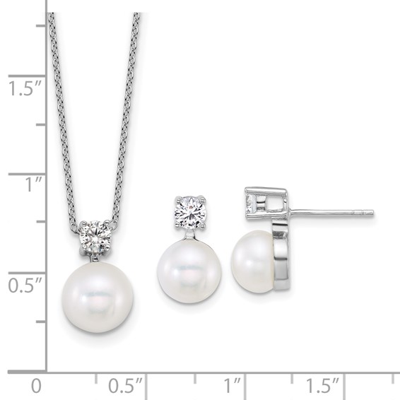 Sterling Silver Rhodium-plated 7-9mm Button White Freshwater Cultured Pearl and CZ 17 inch Necklace and Post Earring Set