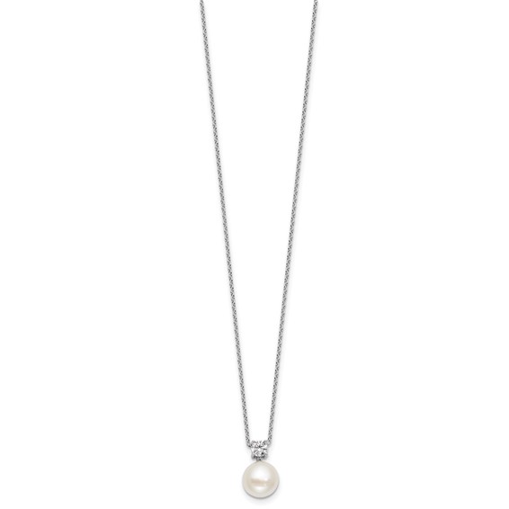 Sterling Silver Rhodium-plated 7-9mm Button White Freshwater Cultured Pearl and CZ 17 inch Necklace and Post Earring Set