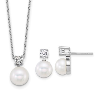 Sterling Silver Rhodium-plated 7-9mm Button White Freshwater Cultured Pearl and CZ 17 inch Necklace and Post Earring Set
