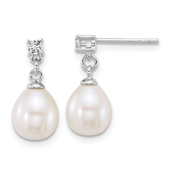 Sterling Silver Rhodium-plated 7-9mm Teardrop White Freshwater Cultured Pearl and CZ 17 inch Necklace and Dangle Post Earring Set
