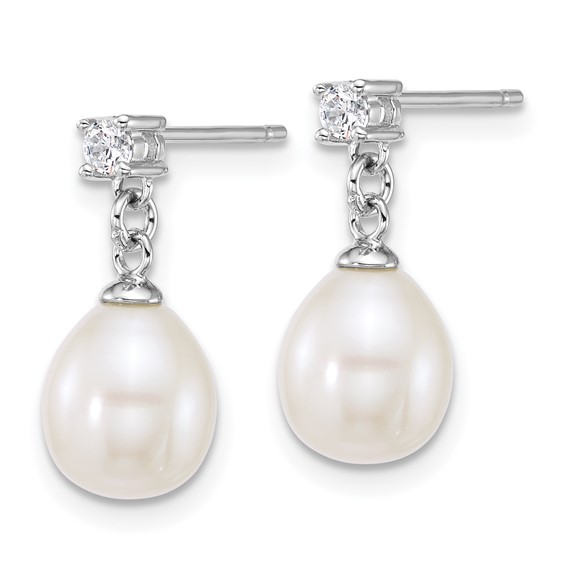 Sterling Silver Rhodium-plated 7-9mm Teardrop White Freshwater Cultured Pearl and CZ 17 inch Necklace and Dangle Post Earring Set