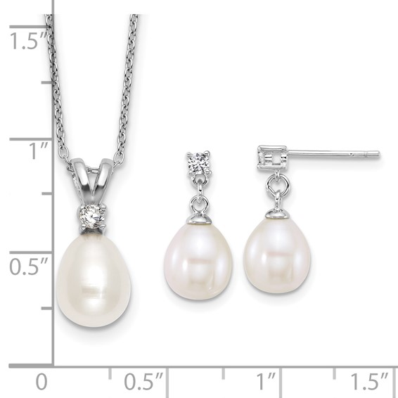 Sterling Silver Rhodium-plated 7-9mm Teardrop White Freshwater Cultured Pearl and CZ 17 inch Necklace and Dangle Post Earring Set