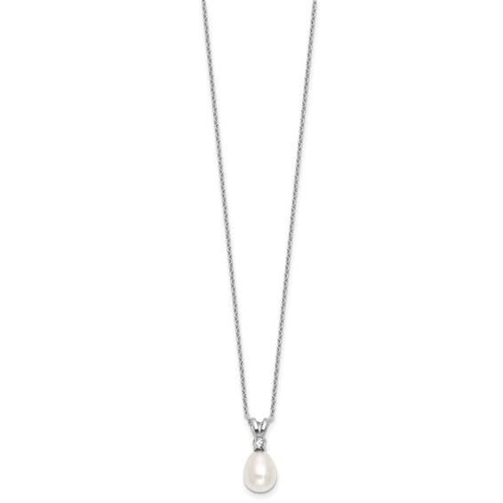 Sterling Silver Rhodium-plated 7-9mm Teardrop White Freshwater Cultured Pearl and CZ 17 inch Necklace and Dangle Post Earring Set