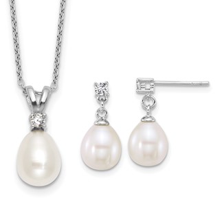 Sterling Silver Rhodium-plated 7-9mm Teardrop White Freshwater Cultured Pearl and CZ 17 inch Necklace and Dangle Post Earring Set