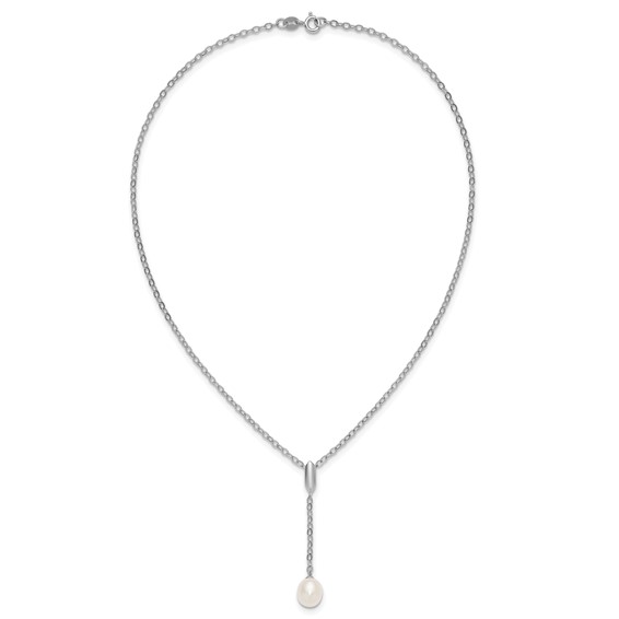 Sterling Silver Rhodium-plated 6-9mm Teardrop White Freshwater Cultured Pearl 16 inch Y-Necklace and Chain Dangle Post Earring Set