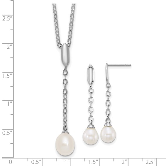 Sterling Silver Rhodium-plated 6-9mm Teardrop White Freshwater Cultured Pearl 16 inch Y-Necklace and Chain Dangle Post Earring Set