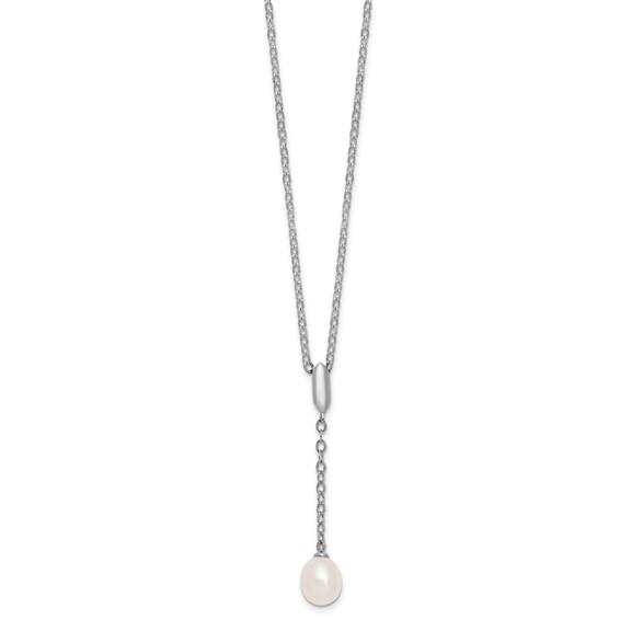 Sterling Silver Rhodium-plated 6-9mm Teardrop White Freshwater Cultured Pearl 16 inch Y-Necklace and Chain Dangle Post Earring Set