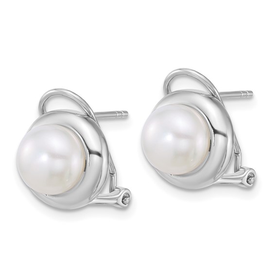 Sterling Silver Rhodium-plated 8-10mm Button White Freshwater Cultured Pearl 17 inch Necklace and Omega Back Earring Set