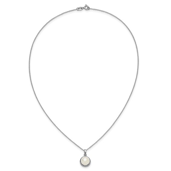 Sterling Silver Rhodium-plated 8-10mm Button White Freshwater Cultured Pearl 17 inch Necklace and Omega Back Earring Set