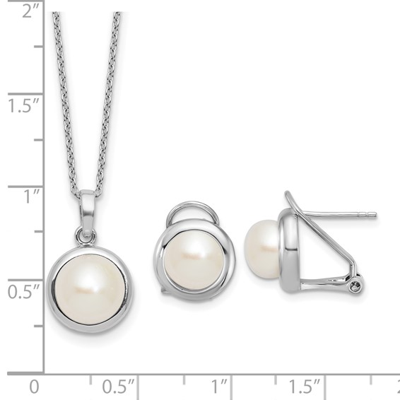 Sterling Silver Rhodium-plated 8-10mm Button White Freshwater Cultured Pearl 17 inch Necklace and Omega Back Earring Set