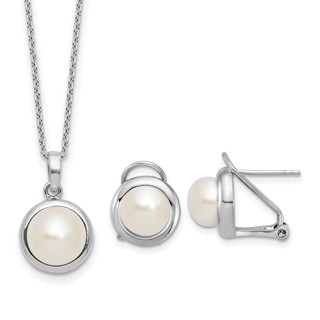 Sterling Silver Rhodium-plated 8-10mm Button White Freshwater Cultured Pearl 17 inch Necklace and Omega Back Earring Set