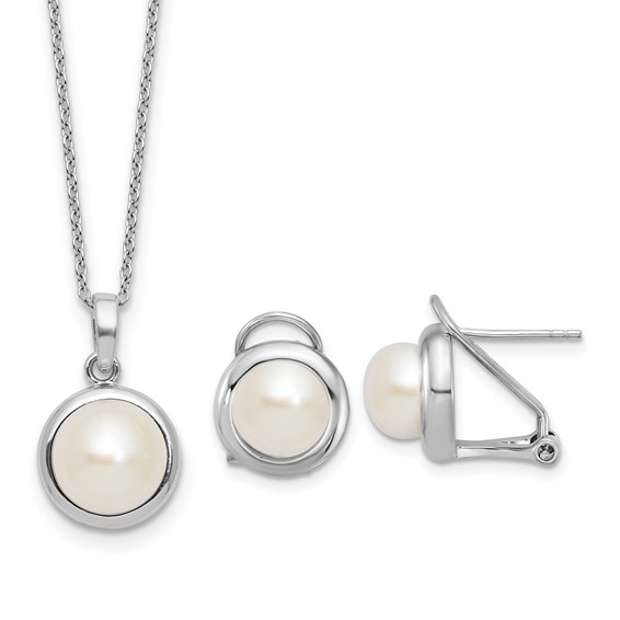Sterling Silver Rhodium-plated 8-10mm Button White Freshwater Cultured Pearl 17 inch Necklace and Omega Back Earring Set