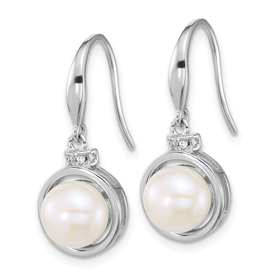 Sterling Silver Rhodium-plated 8-10mm Button White Freshwater Cultured Pearl and CZ 17 inch Necklace and Dangle Shepherd Hook Earring Set
