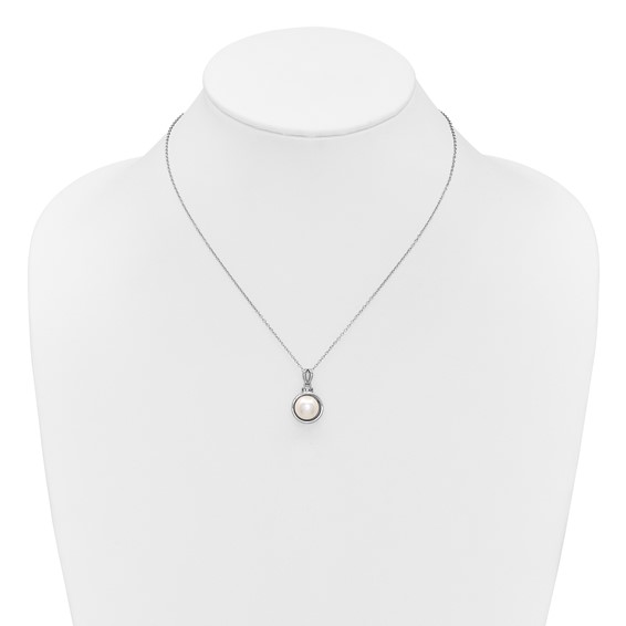 Sterling Silver Rhodium-plated 8-10mm Button White Freshwater Cultured Pearl and CZ 17 inch Necklace and Dangle Shepherd Hook Earring Set