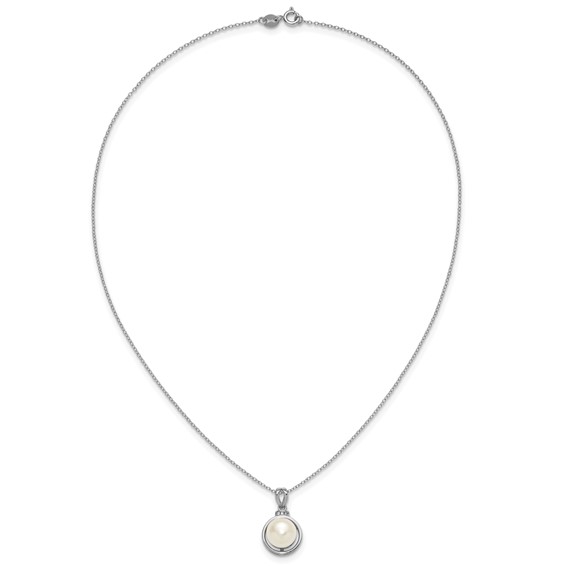 Sterling Silver Rhodium-plated 8-10mm Button White Freshwater Cultured Pearl and CZ 17 inch Necklace and Dangle Shepherd Hook Earring Set