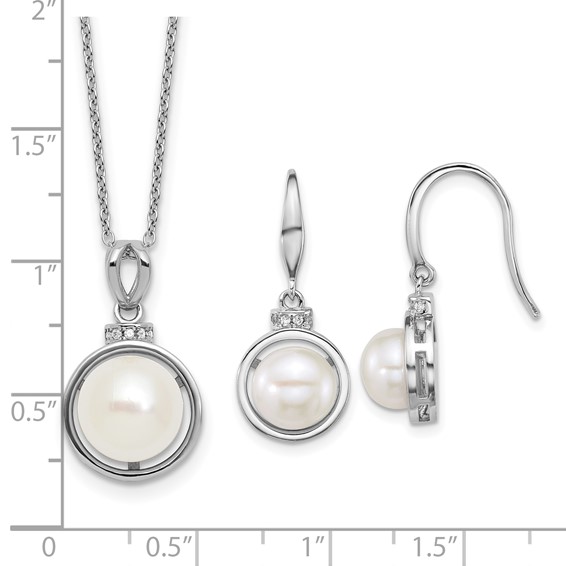Sterling Silver Rhodium-plated 8-10mm Button White Freshwater Cultured Pearl and CZ 17 inch Necklace and Dangle Shepherd Hook Earring Set