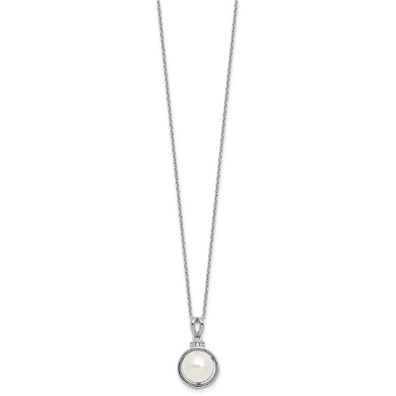 Sterling Silver Rhodium-plated 8-10mm Button White Freshwater Cultured Pearl and CZ 17 inch Necklace and Dangle Shepherd Hook Earring Set