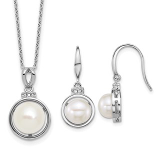 Sterling Silver Rhodium-plated 8-10mm Button White Freshwater Cultured Pearl and CZ 17 inch Necklace and Dangle Shepherd Hook Earring Set