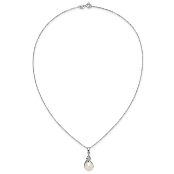 Sterling Silver Rhodium-plated 7-9mm Button White Freshwater Cultured Pearl and CZ 17 inch Necklace and Post Earring Set