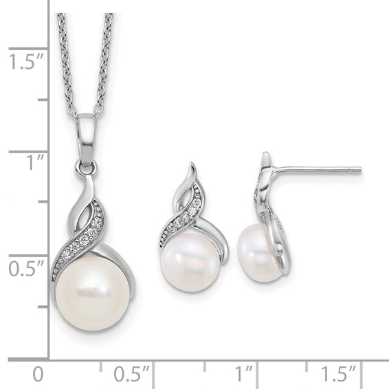 Sterling Silver Rhodium-plated 7-9mm Button White Freshwater Cultured Pearl and CZ 17 inch Necklace and Post Earring Set