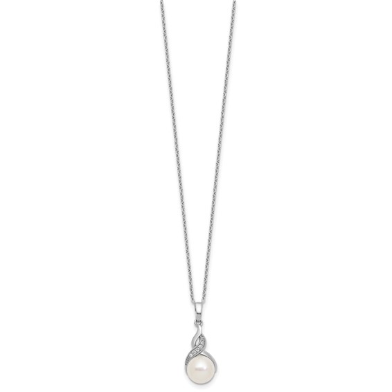 Sterling Silver Rhodium-plated 7-9mm Button White Freshwater Cultured Pearl and CZ 17 inch Necklace and Post Earring Set