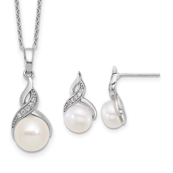 Sterling Silver Rhodium-plated 7-9mm Button White Freshwater Cultured Pearl and CZ 17 inch Necklace and Post Earring Set