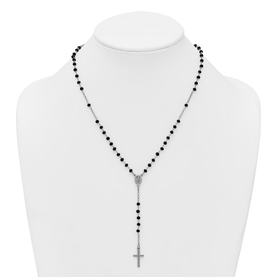 Sterling Silver Rhodium-plated Black Crystal 18.5 inch with 1 inch extender Rosary Necklace