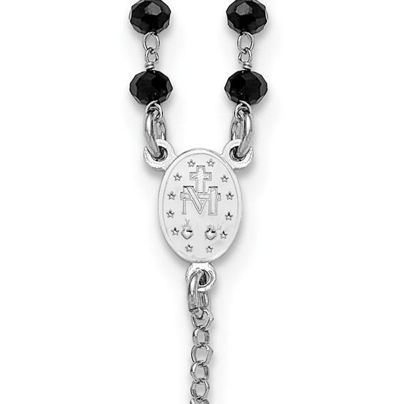 Sterling Silver Rhodium-plated Black Crystal 18.5 inch with 1 inch extender Rosary Necklace
