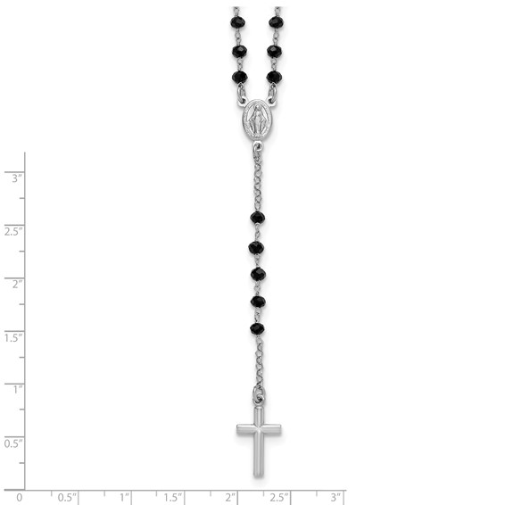 Sterling Silver Rhodium-plated Black Crystal 18.5 inch with 1 inch extender Rosary Necklace