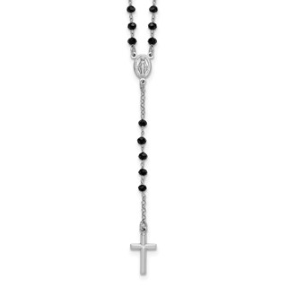 Sterling Silver Rhodium-plated Black Crystal 18.5 inch with 1 inch extender Rosary Necklace