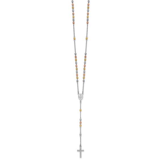 Sterling Silver Rhodium-plated Diamond-cut Tri-color Gold-plated 18.5 inch with 1 inch extender Rosary Necklace