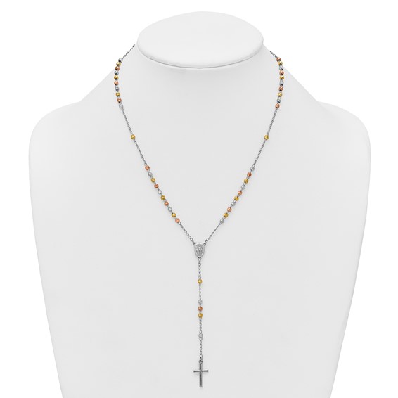Sterling Silver Rhodium-plated Diamond-cut Tri-color Gold-plated 18.5 inch with 1 inch extender Rosary Necklace
