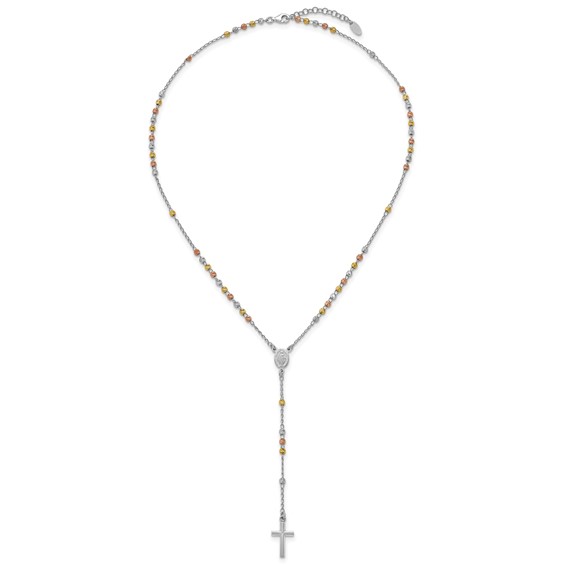 Sterling Silver Rhodium-plated Diamond-cut Tri-color Gold-plated 18.5 inch with 1 inch extender Rosary Necklace