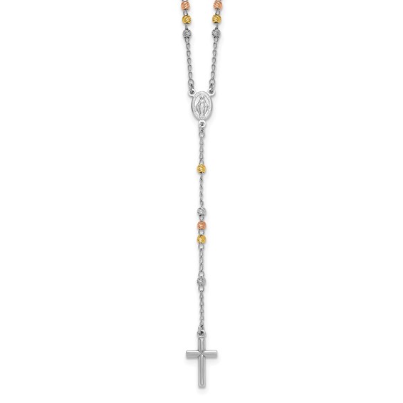 Sterling Silver Rhodium-plated Diamond-cut Tri-color Gold-plated 18.5 inch with 1 inch extender Rosary Necklace