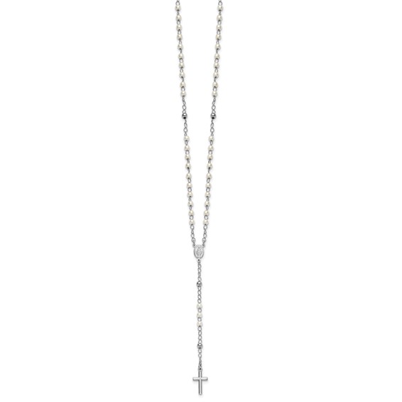 Sterling Silver Rhodium-plated Plastic Imitation Pearl 19.75 inch with 1 inch extender Rosary Necklace