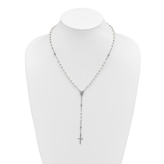 Sterling Silver Rhodium-plated Plastic Imitation Pearl 19.75 inch with 1 inch extender Rosary Necklace